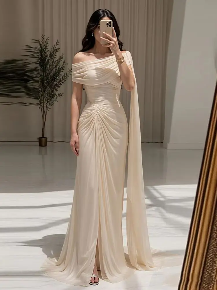 Eightale Abendkleider mit schulterfreien Falten, maßgeschneidertes rosa Meerjungfrau-Abschlussball-Partykleid aus Krepp, Vestido de Fiesta