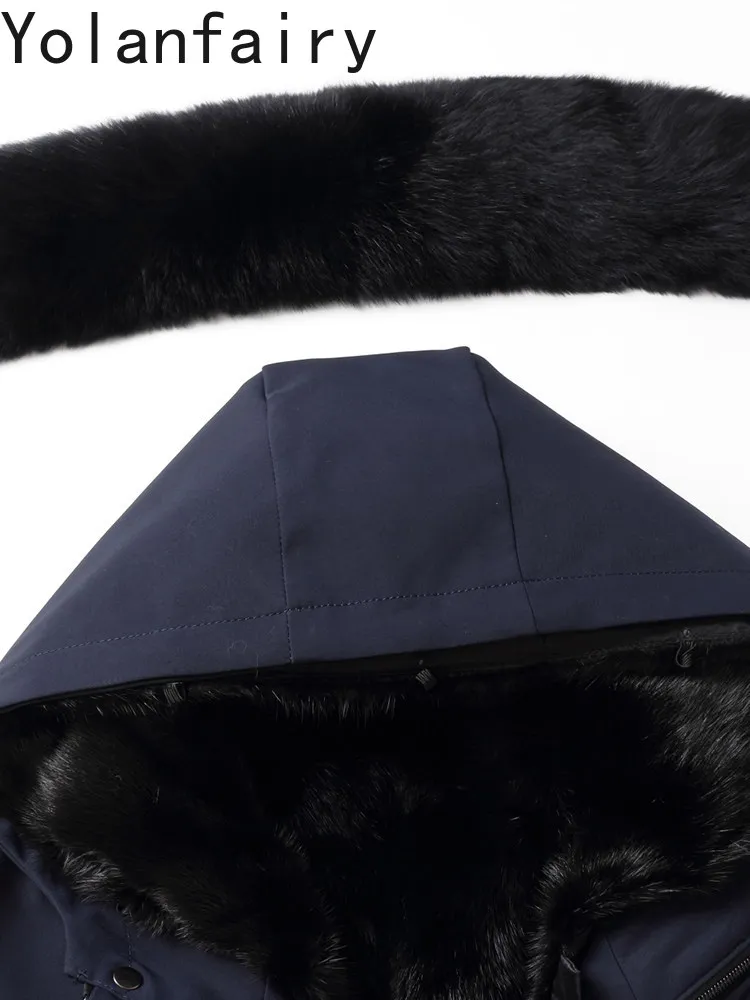 YOLANFAIRY Real Fur Coat Man Winter Hooded Fox Fur Collar Mid-length Warm Parkas Jacket Detachable Mink Fur Liner Coats Outwears