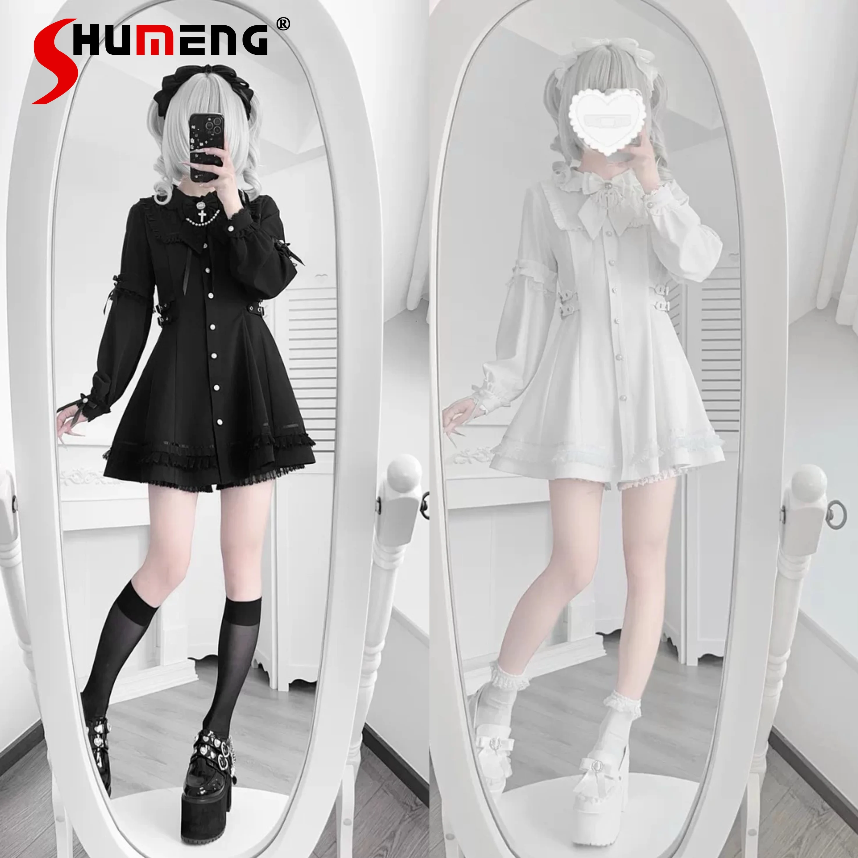 

Original Japanese Gothic Black White Dress Set Subculture Kawaii Girl Woman's Lolita Long Sleeve Top Shorts 2-piece Set Spring