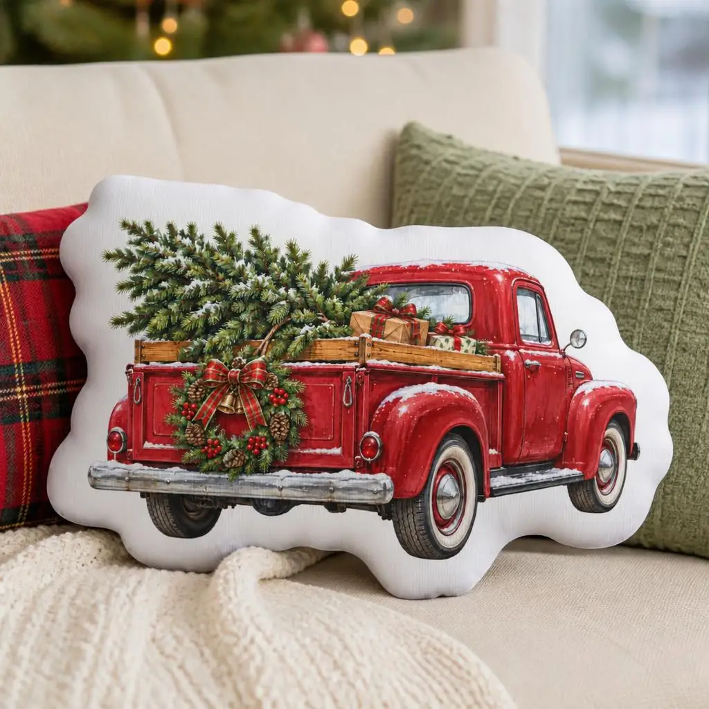 Vintage Red Pickup Truck Christmas Pillow Farmhouse Holiday Cushion Stuffed Throw Pillow Irregular Shape Sofa Home Decor Gift