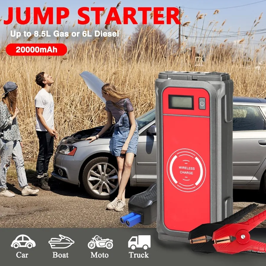 Portable Car Battery Charger Jump Starter with 2000 Amp Peak Current and 20000mAh Capacity for Vehicles Up to 8.5L Gasoline or