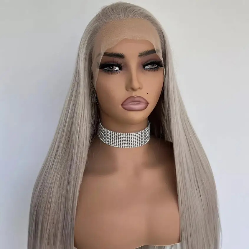 Silver Glue Less Lace Front Wig Long Straight Heat Resistant Hair