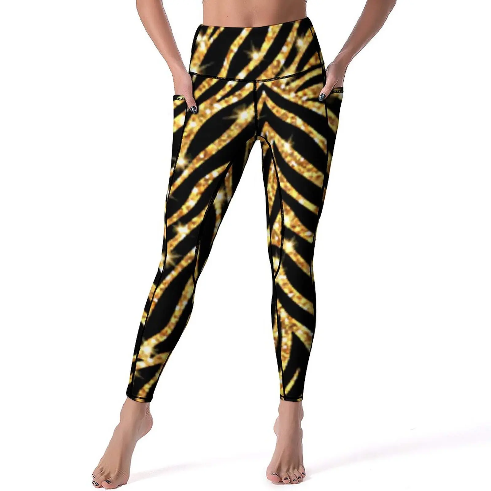 

Black And Gold Zebra Leggings Sexy Shiny Wild Animals Print High Waist Yoga Pants Vintage Stretchy Leggins Female Printed