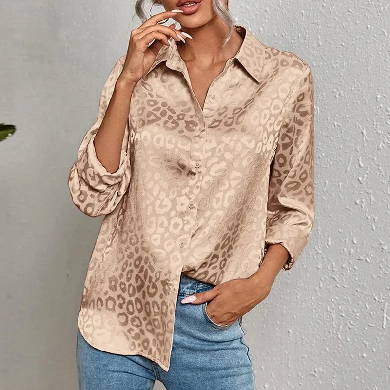 Long Sleeve Leopard Jacquard Blouse for Women, Turn Down Collar, Button Shirt, Elegant Office Lady, Fashion Tops, Autumn, 19169