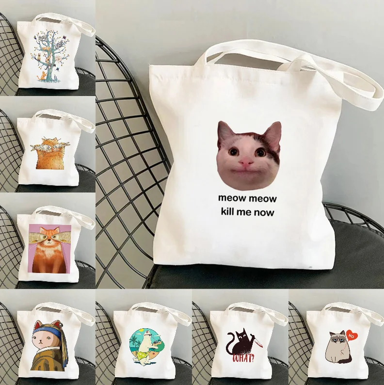 

Fun Cat Canvas Bag Funny Cute Emoji Bag Cat Enthusiast Printed Handbag Women's Foldable Lightweight Bag