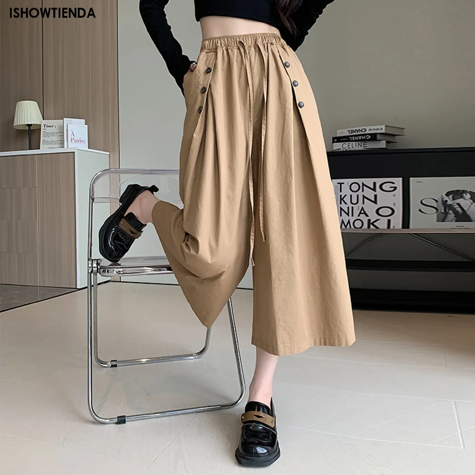 Fashion Wide Leg Long Pants Summer Autumn Elastic High Waist Loose Trouser Big Swing Pants Beach Skirt Women's Elegant Pants