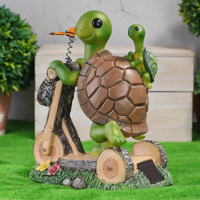 Garden Solar Mother and Son Turtle Riding LED Ornaments Yard Gardening Simulation Animal Sculpture Decoration Home Decor Statues