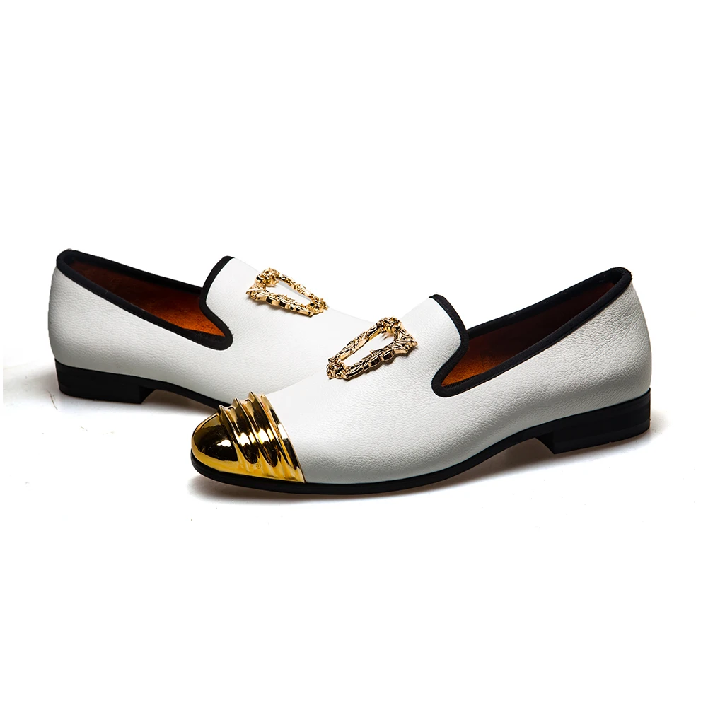 Men's Fashion White Slip-On Loafers with Gold Toe Cap and Metal Buckle Casual Formal Dress Shoes for Party Prom