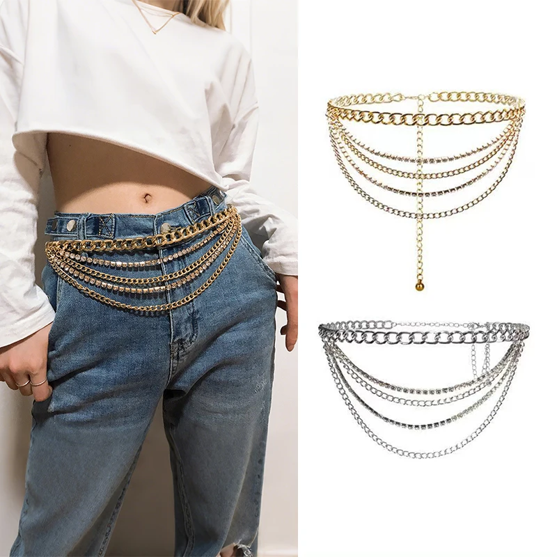 

Sparkling Multilayered Metal Waist Chain Rhinestone Decor Golden Silvery Metal Chain Punk Dress Girdle For Women