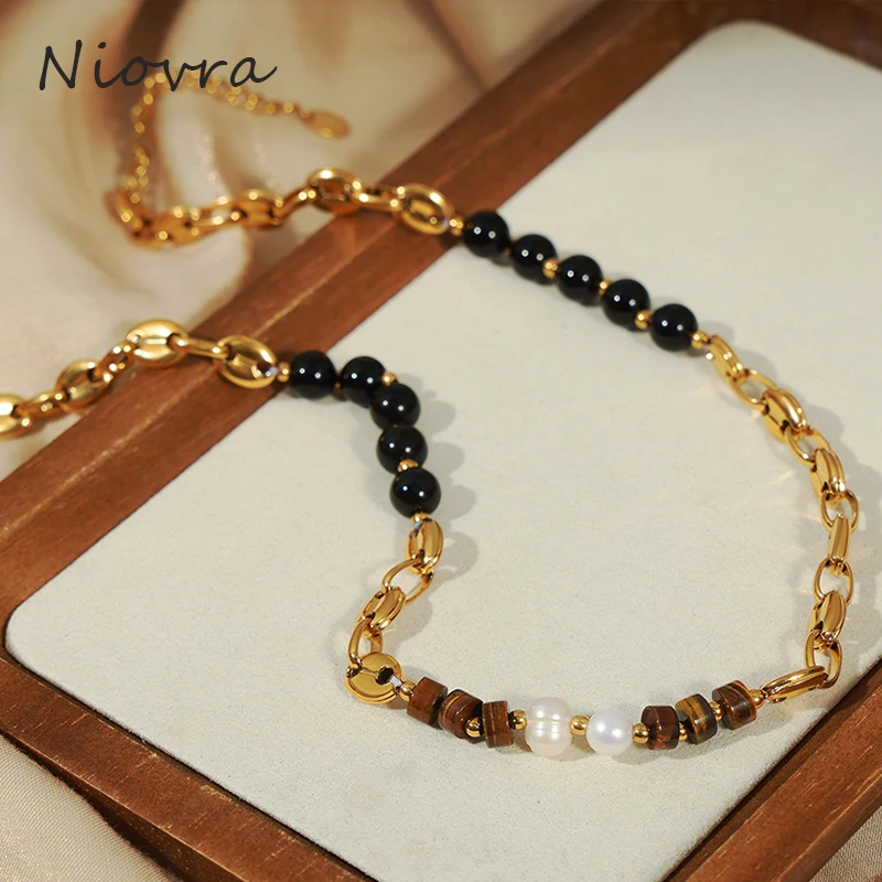 

Nivora Stainless Steel Chain Necklace For Women Freshwater Pearl Agate Tiger's Eye Stone Strand Bead Neck Choker Women Jewelry