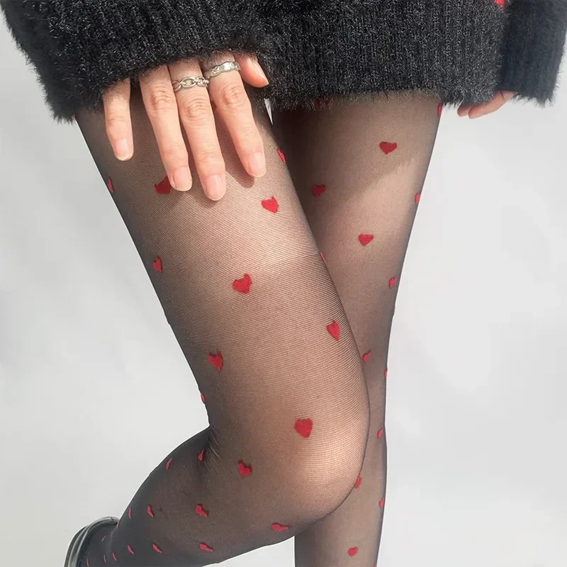 

Exquisite Red Heart Print Silk Stockings Sweet Girls Christmas Gifts Nylon Tights Women Sexy Nightclub Female Alluring Hosiery