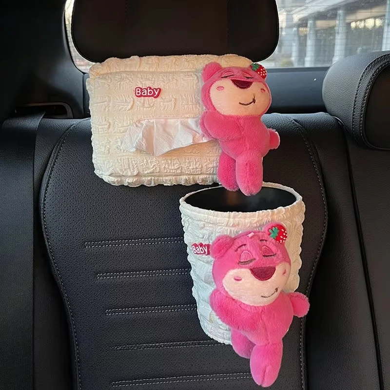 

Disney Strawberry Bear Car Trash Can Cute Plush Tissue Box Cartoon Strawberry Bear Adjustable Tissue Box Ornaments