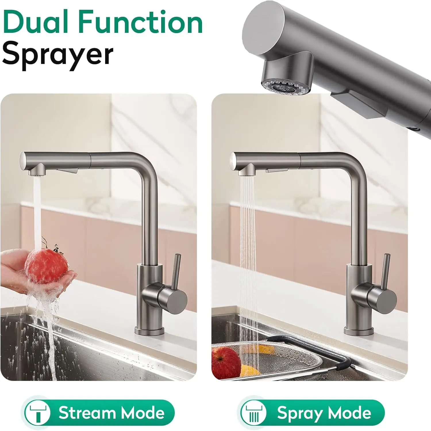 Kitchen Faucets, Grey Kitchen Faucet with Pull Down Sprayer,Stainless Steel Kitchen Faucet 3 Hole,Single Handle Bar Sink Fa