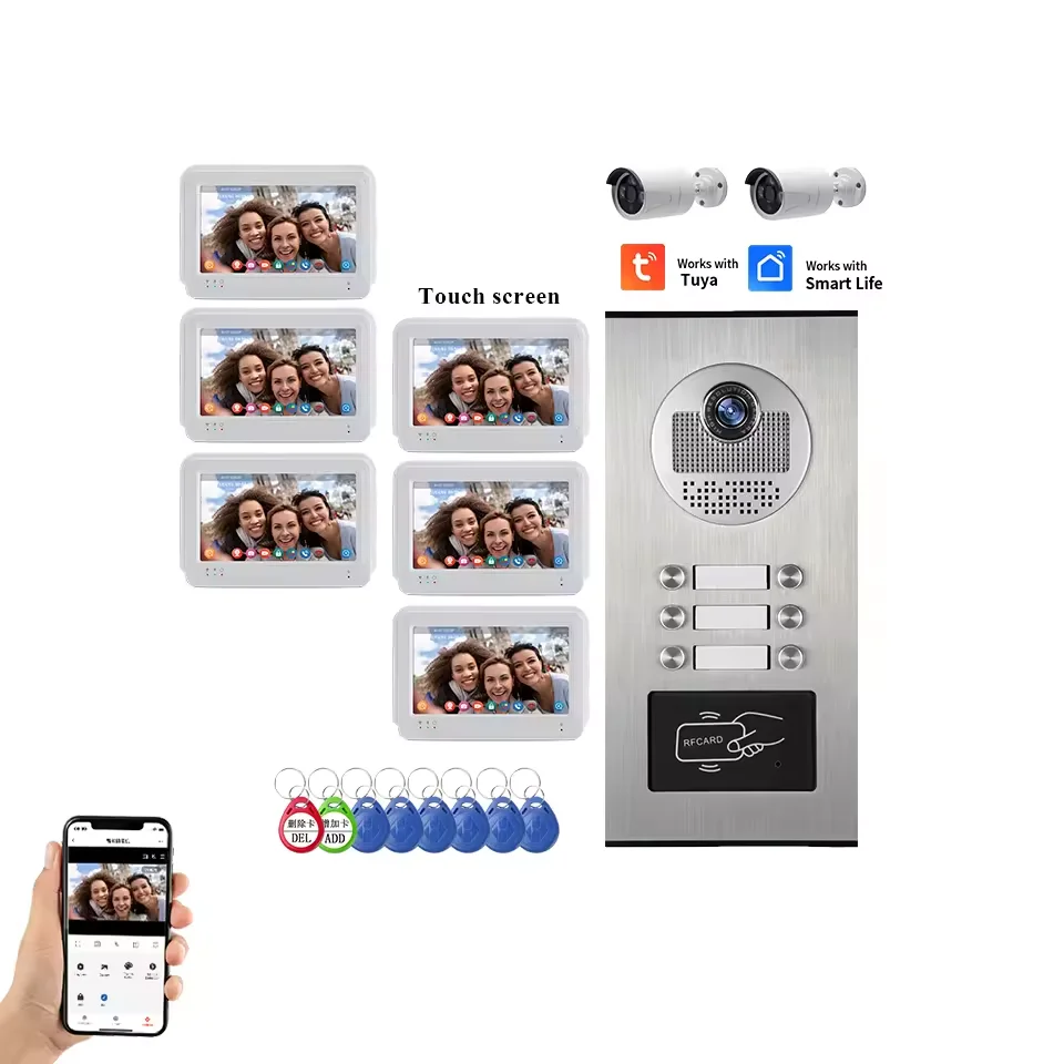 

Video Intercom System 7 Inch Touch Monitor 1080P WIFI Tuya App Remote Control RFID Card Unlock Access Control Multi-Apartment
