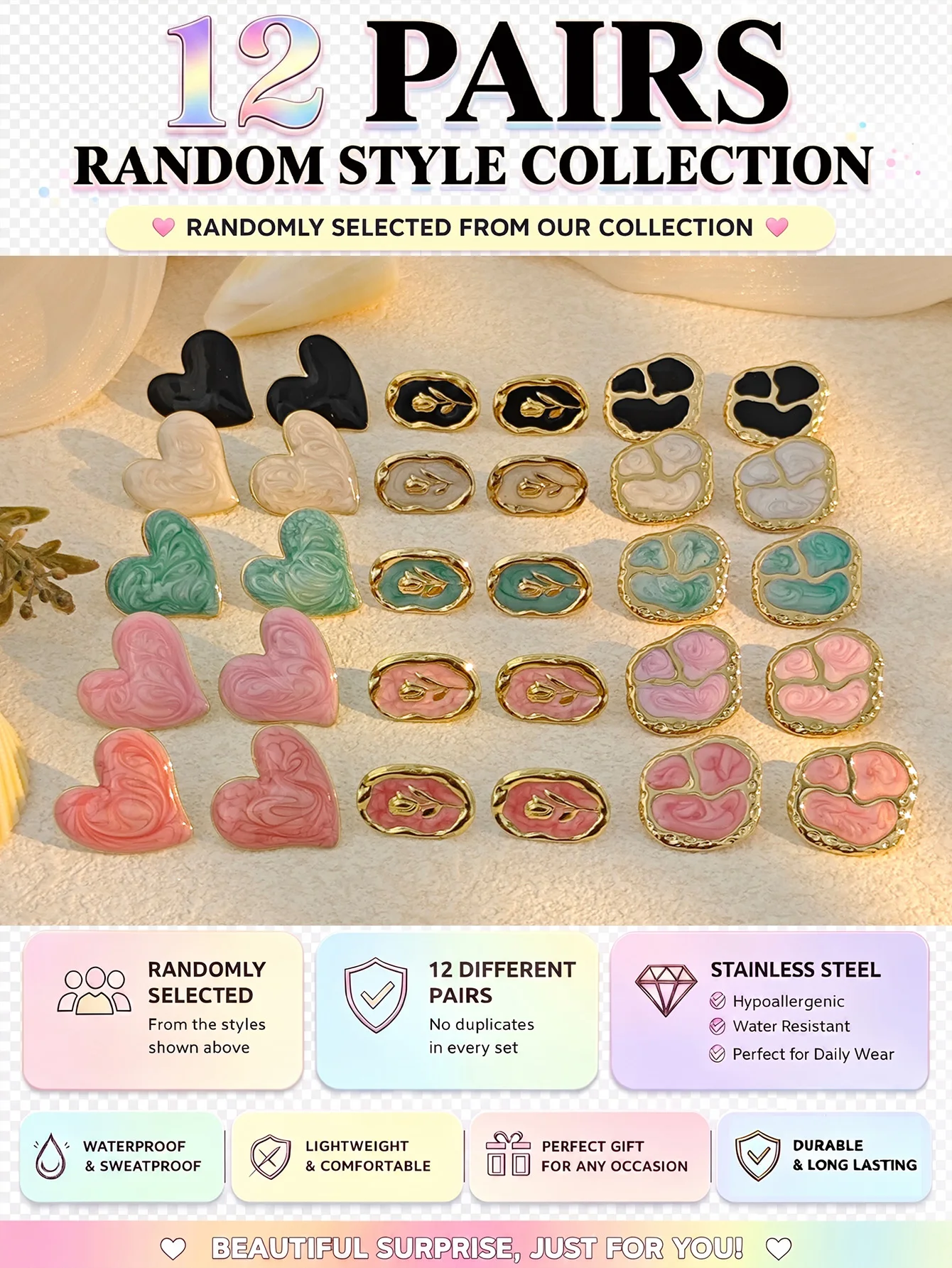 12 Pairs Random Style Stud Hoop Earrings Set for Women, Go with Everything Jewelry Collection, Gentle Stainless Steel Gift