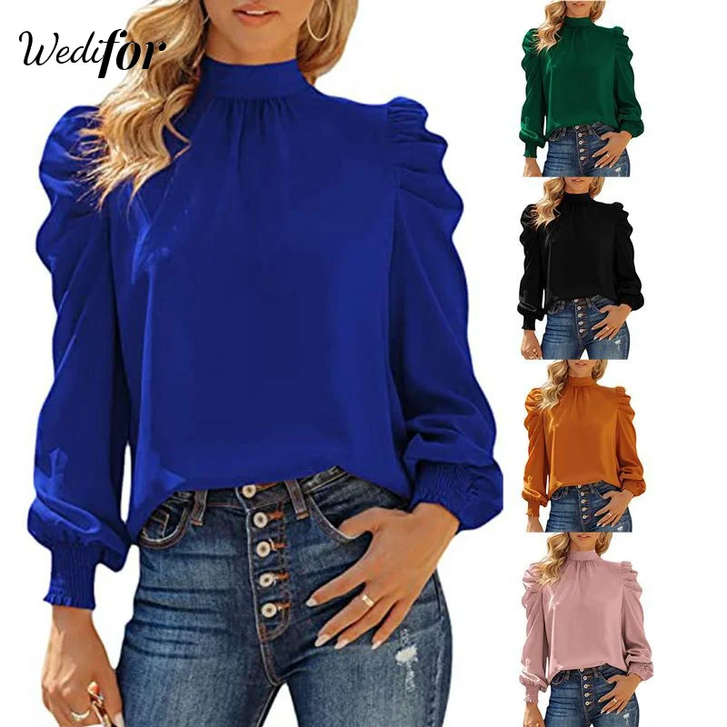 Wedifor High Neck Loose Casual Blouse Shirt Green Puff Sleeve Solid Color Elegant Women Tops New Style Autumn Winter Shirts