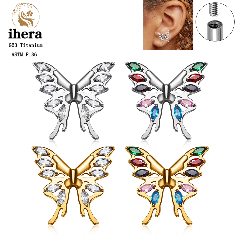 

ASTM F136 Titanium Butterfly Flat Back Earrings 16G CZ Internal Thread Ear Stud Cartilage Tragus Helix Lobe Piercing Jewelry