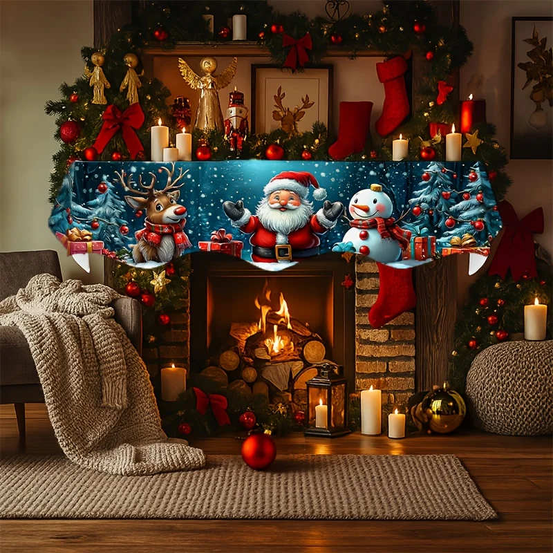 VIKAMA Christmas Fireplace Mantel Scarf Santa Snowman Reindeer Mantel Topper Snowy Xmas Home Holiday Party Decoration