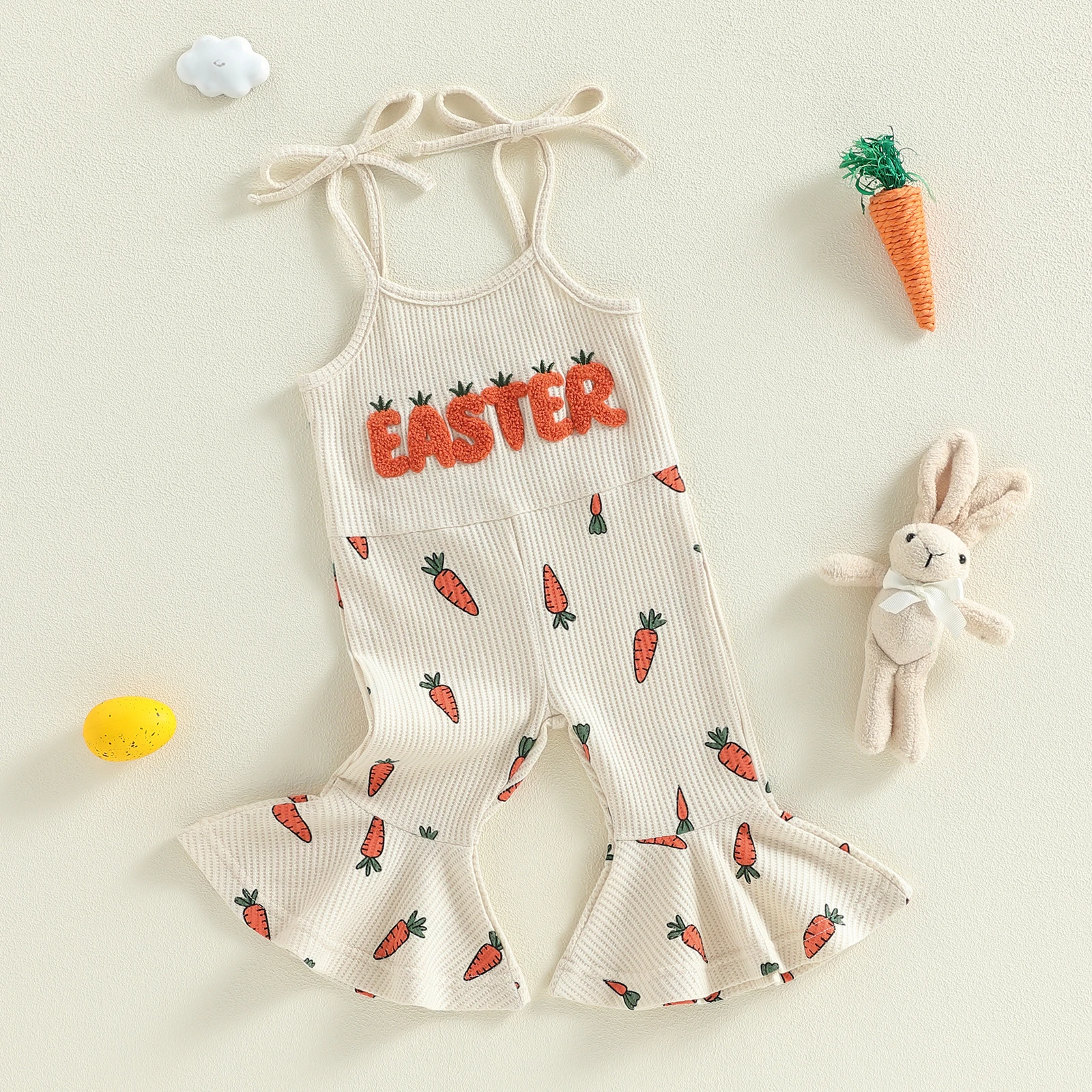 Baby Kid Girls Jumpsuit, Sleeveless Carrot Print Embroidery Letters Flare Pants Romper Easter Clothes
