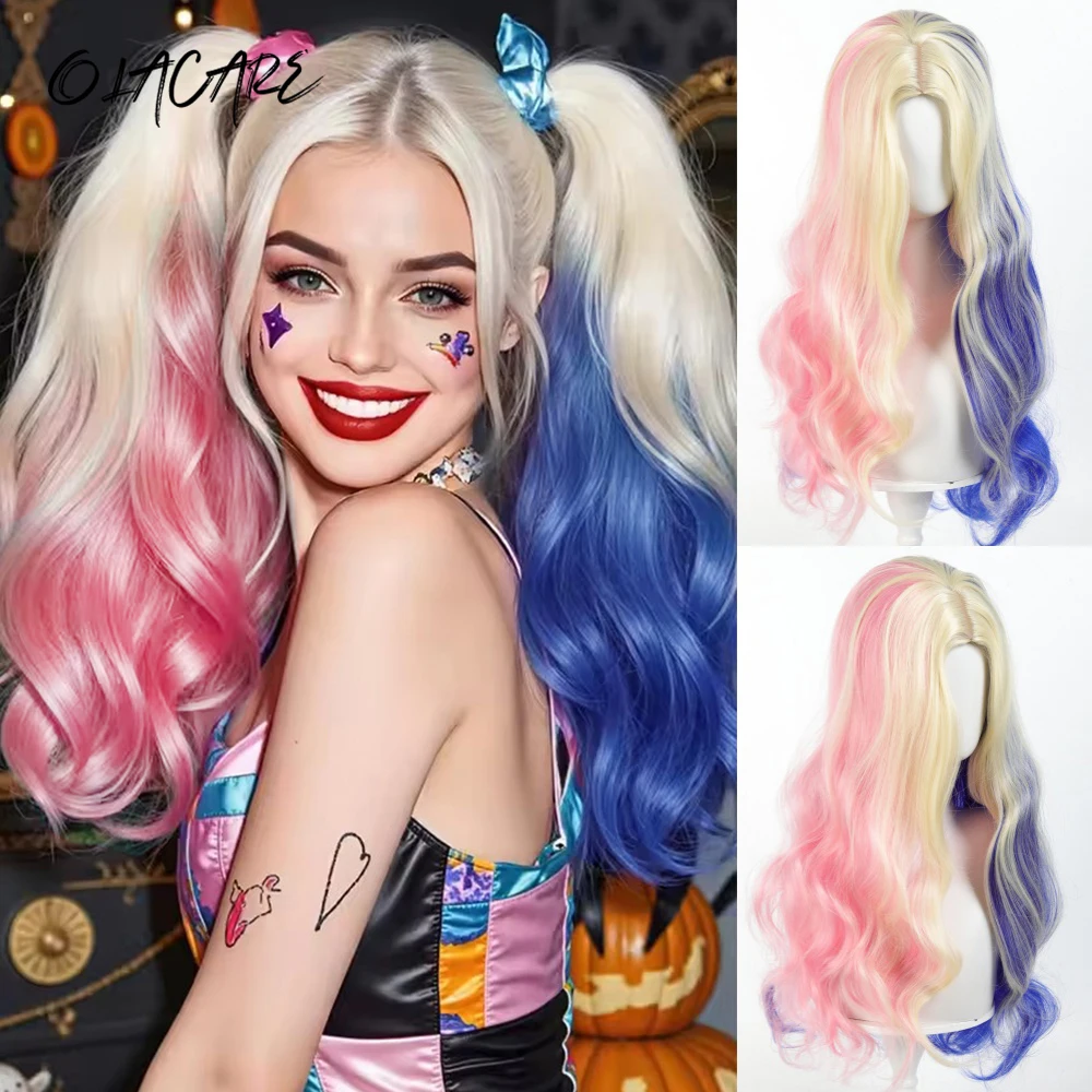 Synthetic Long Curly Wavy Hair Ombre Red Blue Cosplay Wig with Bangs Red Yellow Purple Green Blue Wigs for Women Halloween