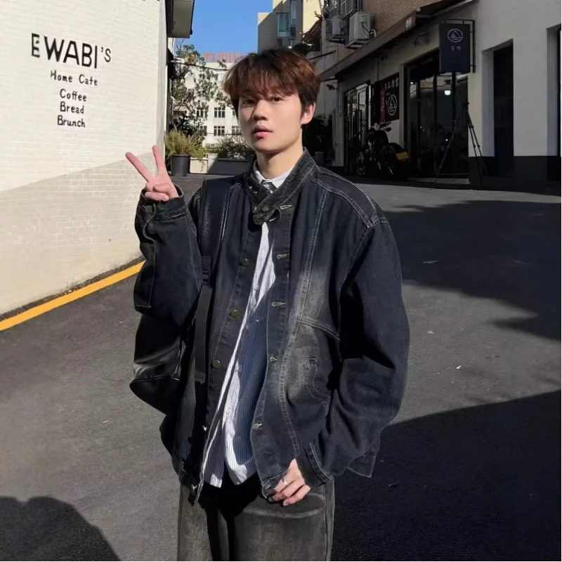 

Весенне-осеннее мужское пальто с синим воротником-стойкой в американском стиле ретро, стильное свободное пальто на пуговицах