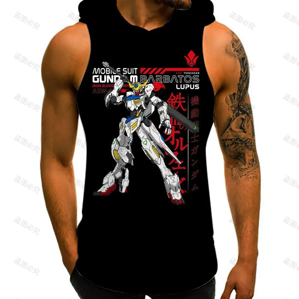 Men's  Hooded Tank Gundam Mobile Suit Y2k Tops Anime European Size Basketball Vest New Fashion Sleeveless Sports Shirt Man 2023