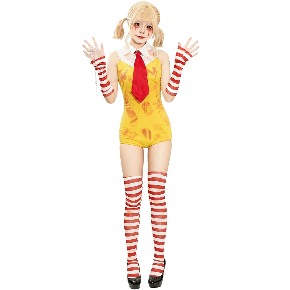 

Halloween Women Clown Cosplay Costume Dress Party Stage Performance Sleeveless Yellow Jumpsuit Tie Suit Party Clown Costumes