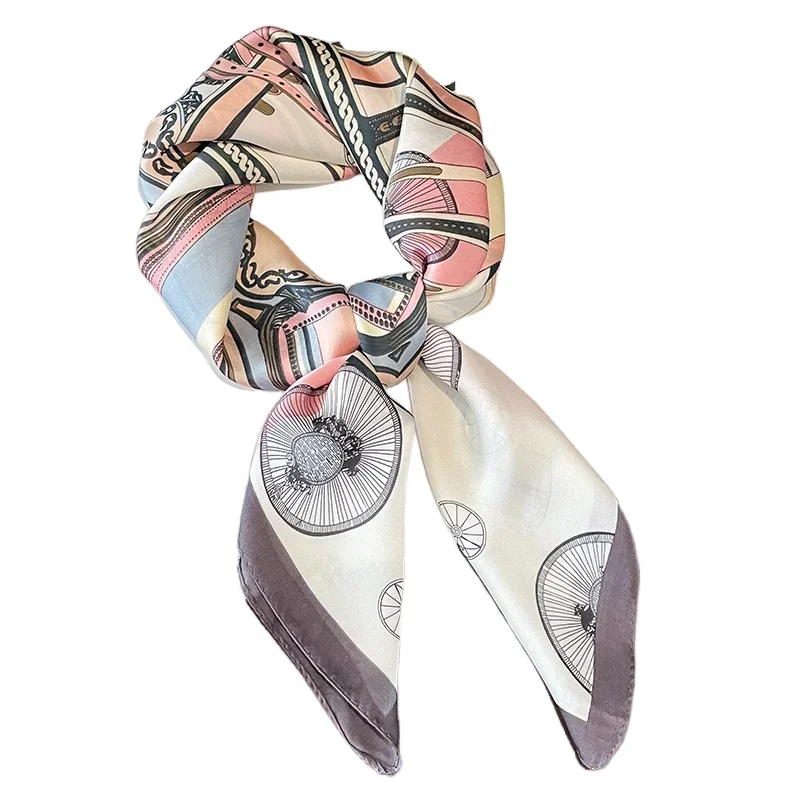 Luxury Design Carriage Print Silk Square Scarf for Women Fashion Skinny Neck Tie Soft Satin Hijab Female Neckerchief Hair Scarf