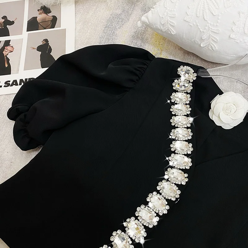 Diamond bubble sleeve V-collar shirt short blouse black T-shirt