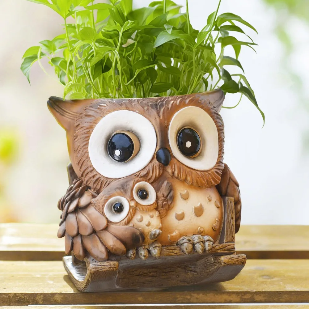 Resin Owl Family Planter Pot Creative Succulent Flower Pot Pen Holder Desktop Decor
