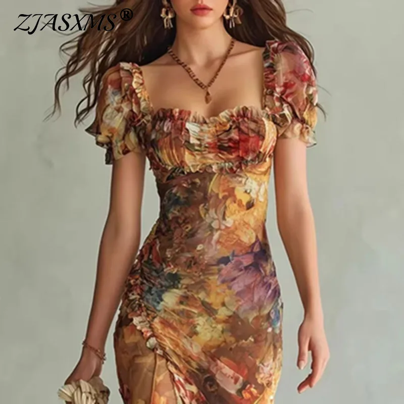 Elegantes Boho-Kleid mit Blumenmuster, Maxikleid für den Frühling, Quadratischer Ausschnitt, Schlankes Langes Kleid mit Schlitz, Sommerkleid mit Puffärmeln und Rüschen für Damen