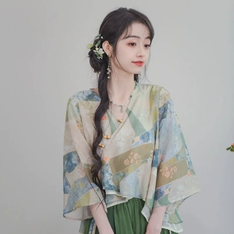 Summer New Art Retro Set with Slant Hemp Printed Top New Chinese Han Elements Chinese Style Loose Two Piece Set for Women 2026
