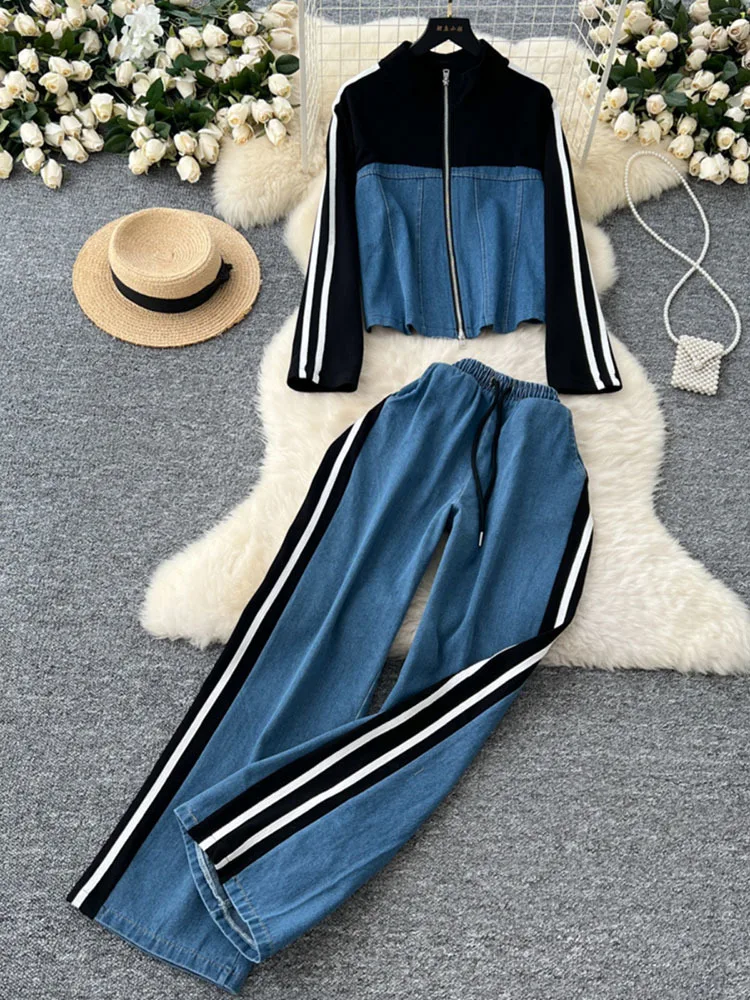 New Spring Women Fashion Casual denim Striped Straight Leg Pants Loose Long Sleeves Zipper Stand Collar Jackets Outerwear 2025