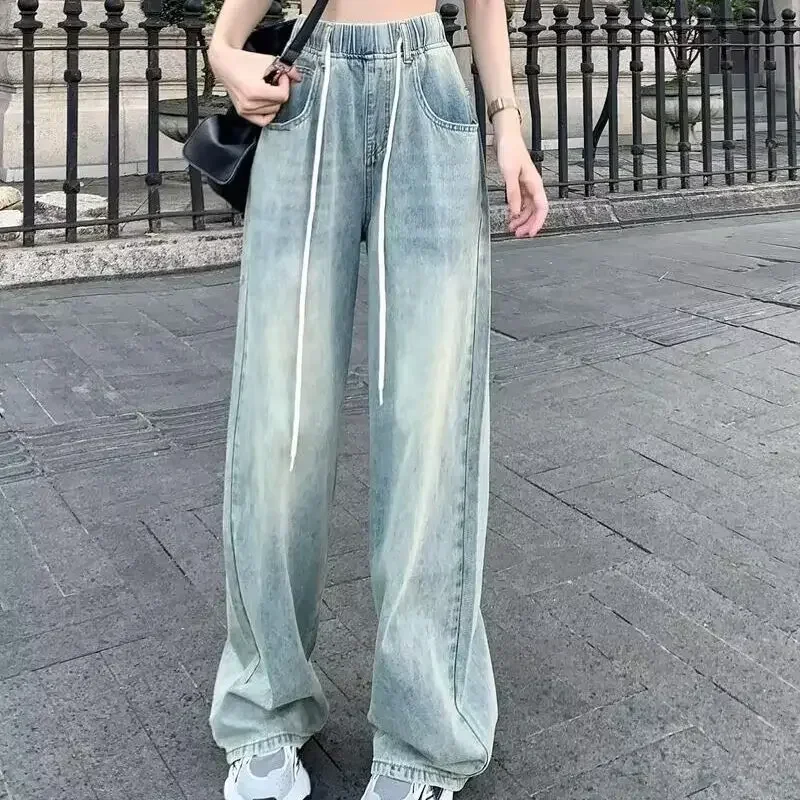 Vintage Drawstring Jeans Women Straight Wide Leg Pants High Waist Pockets Full Length Trousers 2025 Female Denims Streetwear