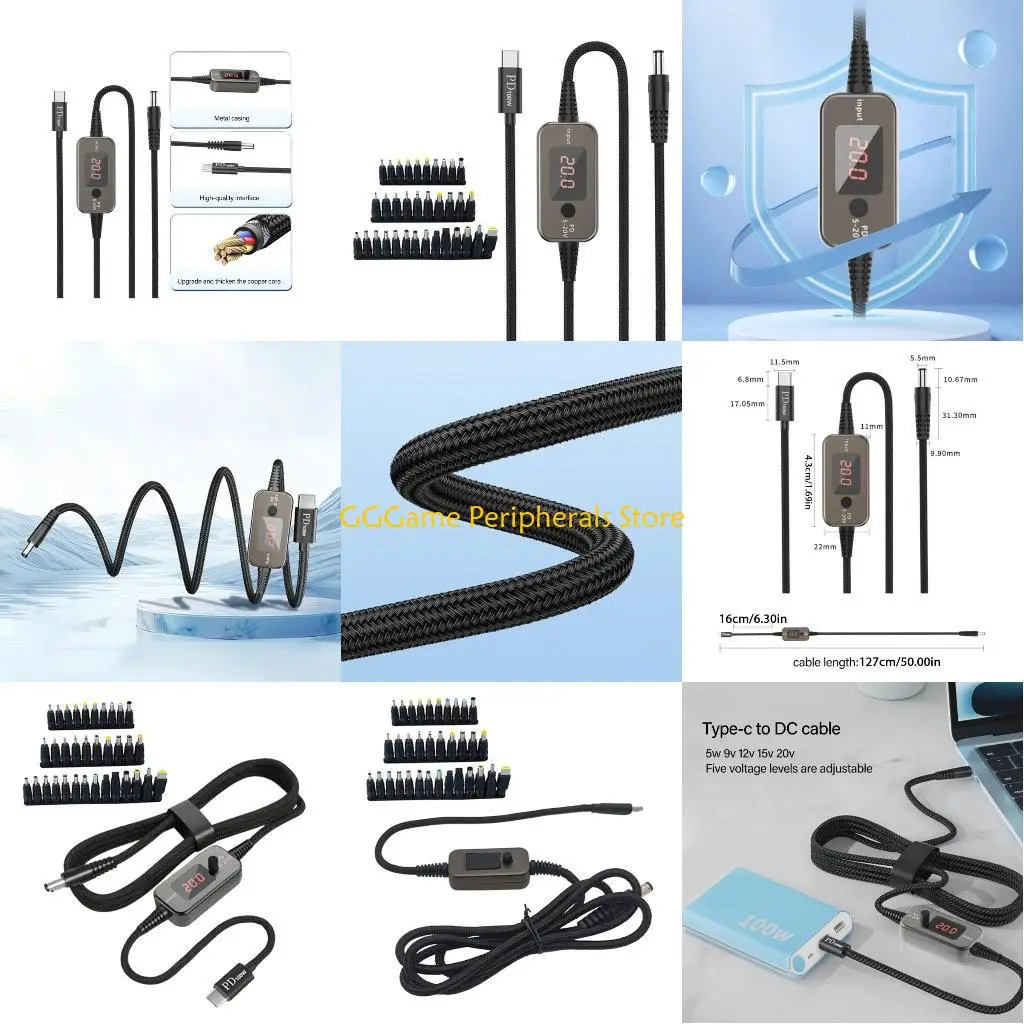 

U55B PD100W Type C To DC5.5x2.5mm Power Cable 34 Connectors Tips Adjustable Output