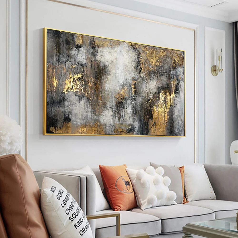 

Hand Painted Morden Abstract Oil Painting On Canvas Gold Black Grey Wall Art Handmade Original Oil Painting For Livingroom Decor