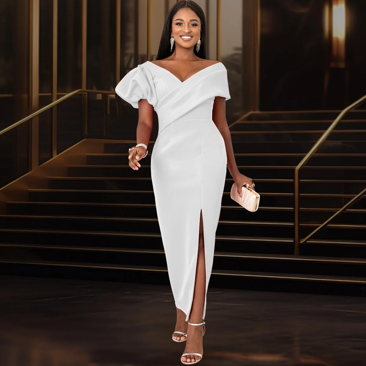 

Am030412 Fashion Lantern Sleeve V-neck Dress Elegant Pure Black Party Gown Dresses Kaftan 2025 Summer Dress Robe Vestido Women