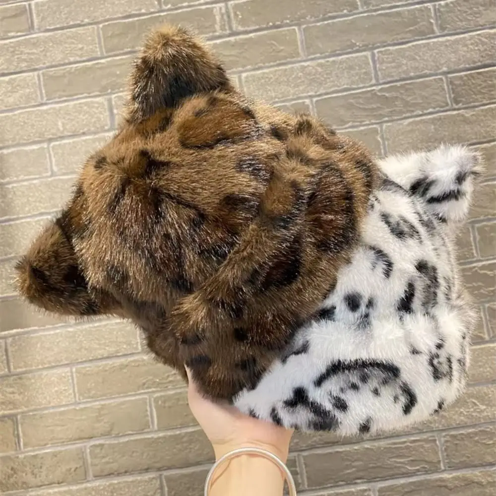 

Fashion Autumn Winter Fisherman Hat Cat Ear Plush Basin Hat Leopard Print Warm Mongolian Hat Ear Protection Hat