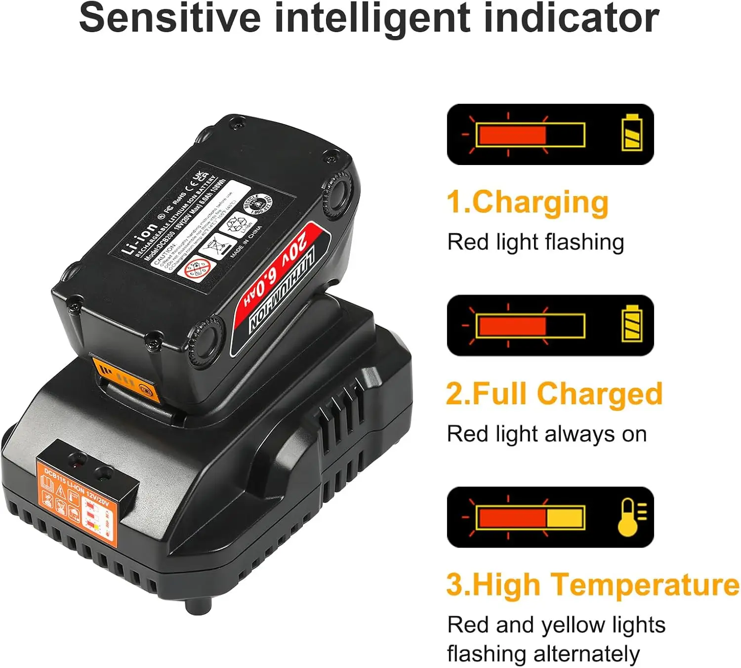 20v Max Battery Replacement for Dewalt 20V 6.0Ah Battery 2Pack with DCB115 Battery Charger Station for DCB201 DCB204 DCB205 DCB2