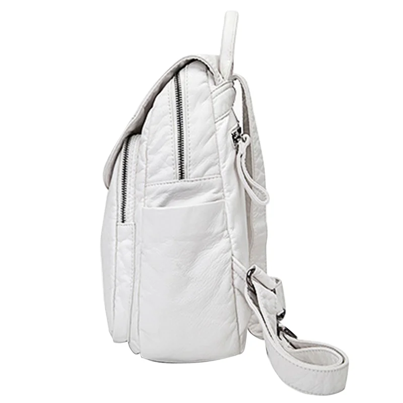 【SEE】2X Borsa da scuola casual in morbida pelle da donna Zaino in pelle lavata Borsa da viaggio piccola per ragazza-Bianco