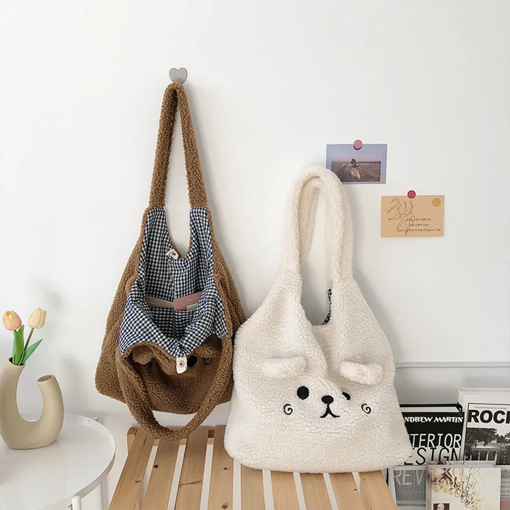 

Winter 1PCS Cute Soft Embroidery Imitation Lamb Hair Plush Tote Bag Shopper Bag Shoulder Bag