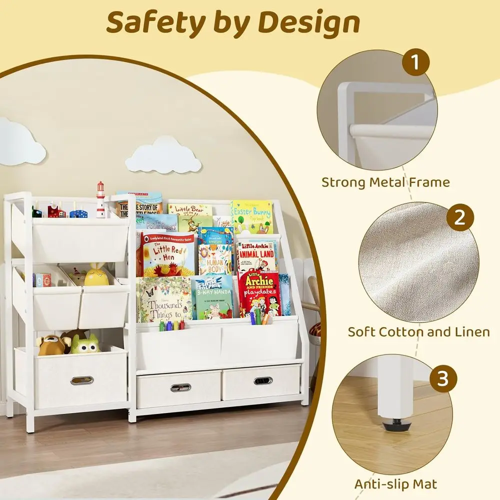 3 Tier Kids Bookshelf and Toy Storage - Sling Book Shelf with Toy Organizer, Montessori Toddler Bookcase with 6 Toy Bins, for Pl