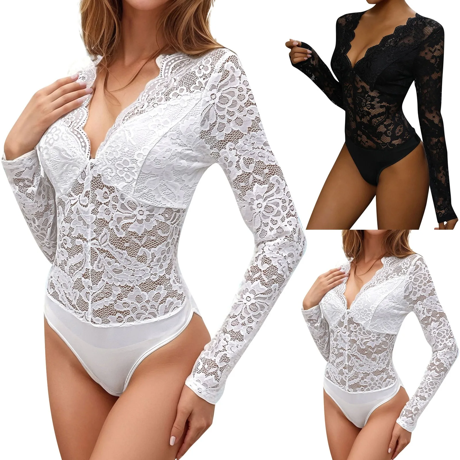 Sexy Bodysuit Women Black White Bodycon Long Sleeve V Neck One Pieces Mesh Stitching Lace Bodysuits Overalls Tops Body Suit Y2k