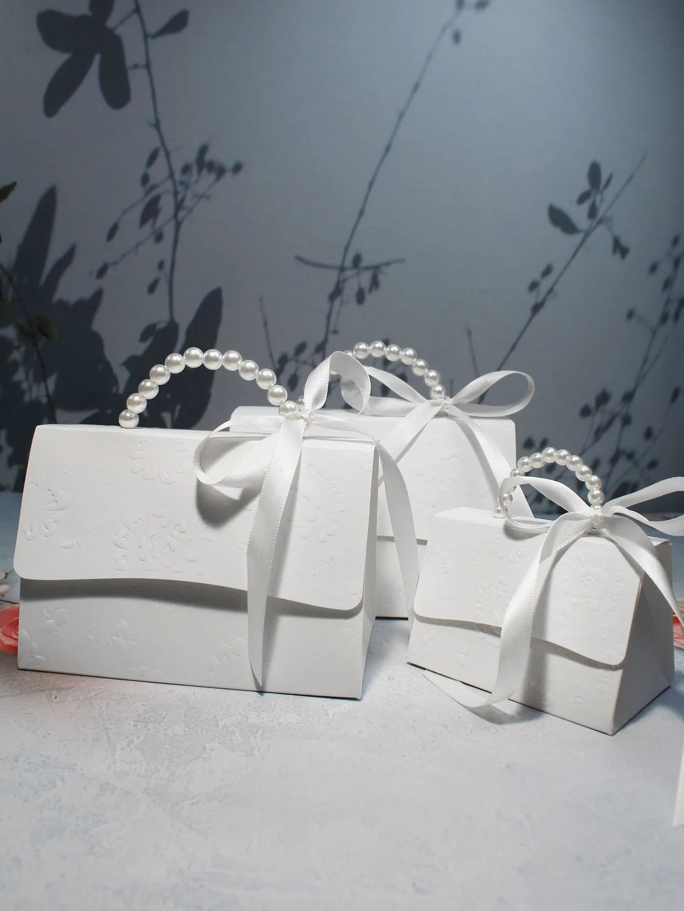 Elegant White Embossed Gift Boxes with Satin Ribbon and Pearl Handles - Perfect for Weddings, Anniversaries, and Special Occasio