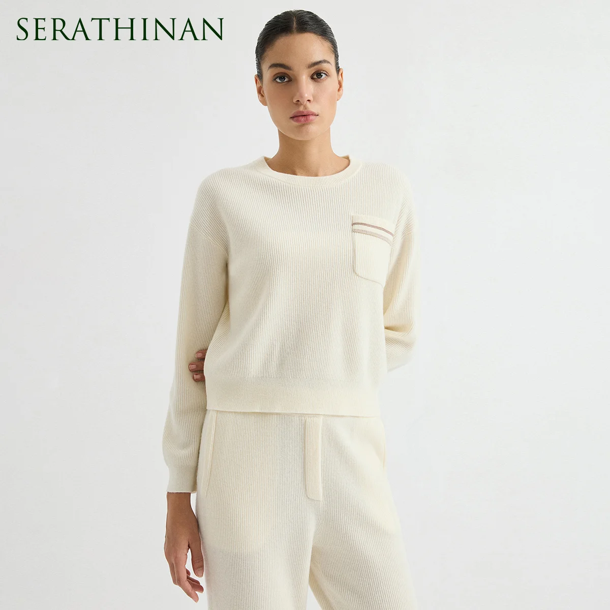 BD3621775 Women's 100% Wool English Rib Crew Neck Pullover Long Sleeve Contrast Chest Pocket Chain Two-Tone Early Autumn Fall