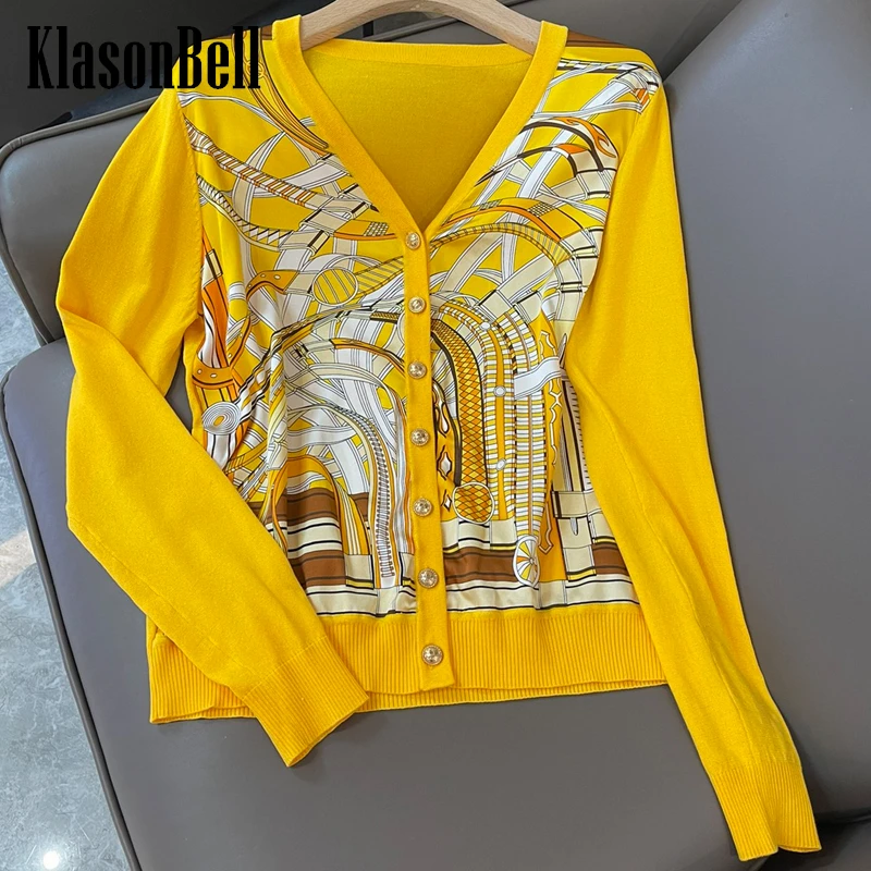 

3.7 KlasonBell Fashion Design Silk Print V-Neck Gold Button Temperament Fit Wool Knit Cardigan Women