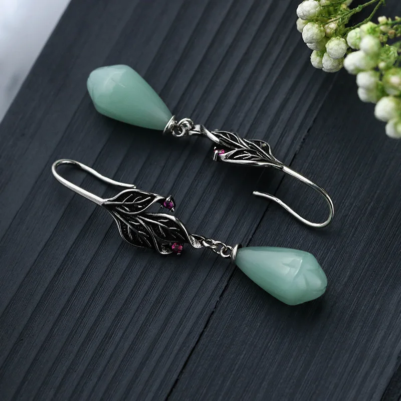 2024 Summer National Trend Electroplating Silver Color Craft Earrings for Women Imitation Jade Plant Retro Earrings Wedding Gift