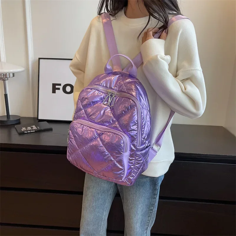 Fashionable Space Pad Cotton Women Backpack Gold Solid Color School Bag Women Sports Backpack Women Nylon Pad Bag