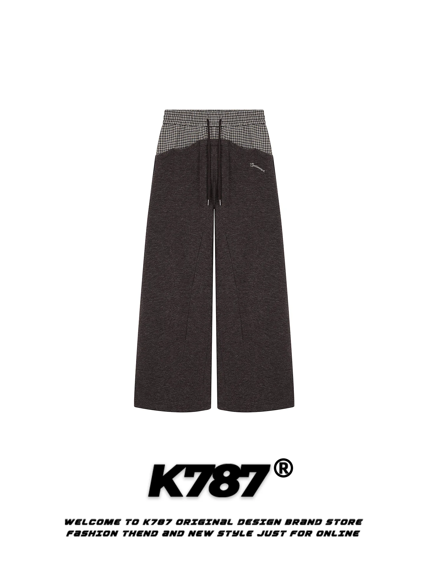 

K787 American Sle Vintage Plaid Splicing Casual Sweatpants Women's Dstring Slimming Loose High Waist Straight Leg Floor-...