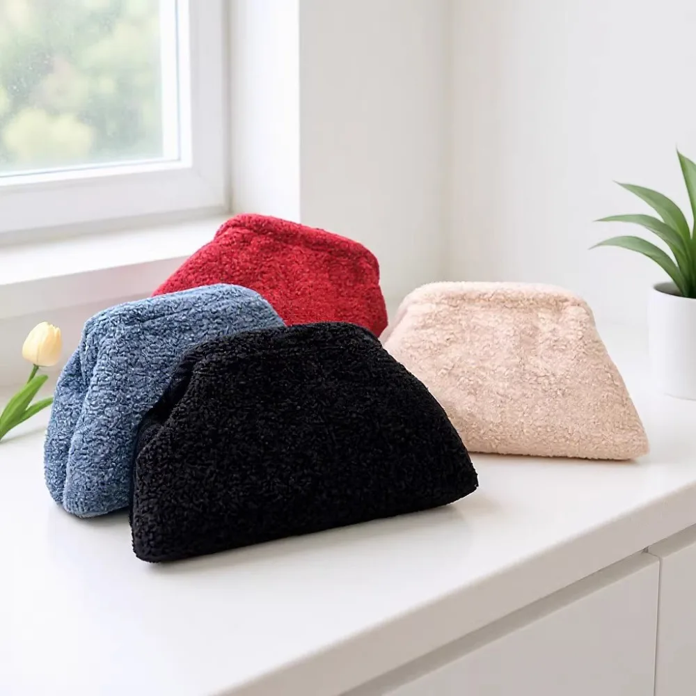 Teddy Fur Cosmetic Storage Bag with Large Opening Clip, Suede Furry Bag, Large-Capacity Toiletry Bag